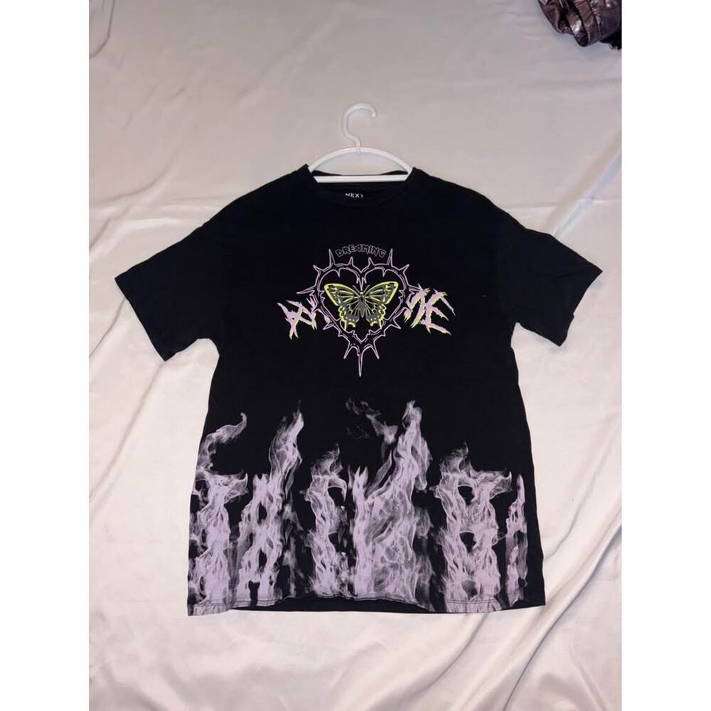 Next Women's M Black Y2K Grunge Graphic Tee Butterfly Barbed Wire Flames